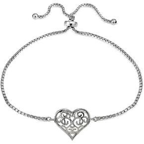 Hoops & Loops Sterling Silver Filigree Heart Polished Adjustable Barcelet
