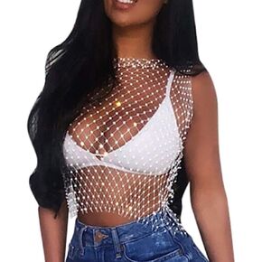 Women Sexy Diamond Mesh Tank Tops Hollow Out See Through Crop Tops for Festival Club Rave Outfit