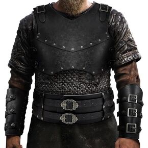 HiiFeuer Medieval Chest Armor with Buckle Arm Bracers and Viking Wide Belt, Retro Faux Leather Mercenary Knight Archer Costume Renaissance Set for LARP Ren Faire