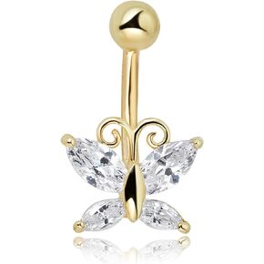 AVORA 10K Gold Simulated Diamond CZ Dangling Fancy Butterfly Belly Button Ring Body Jewelry (14 Gauge)