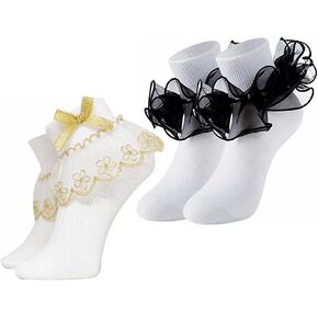 Hopply Golden flower Ruffled Lace Cotton Socks with Bows And Black Cute Double Big Lace Dress Princess Socks for Girls