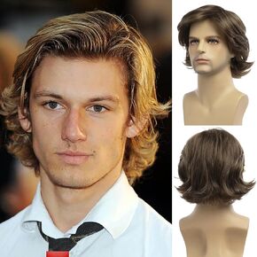 Baruisi Mens Brown Wig Short Layered Straight Synthetic Hair Wig Natural Fluffy Halloween Cosplay Wig for Male Guy