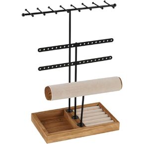 Jewelry Organizer Stand, 3-in-1 Jewelry Storage Holder with Holes, Hooks, Tray, T-Bar Jewelry Tree Tower for Earrings, Rings, Bracelets, Necklaces