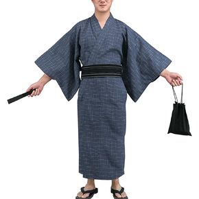 Mens Classic Yukata Loose Kimono, Japanese Style Bathrobe Long Sleeve Robe Cotton Sleepwear Nightgown for Men