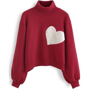 CHICWISH Women's Red Embroidered Heart High Neck Knit Sweater