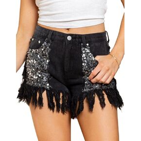 happlan Women's Sequin Pockets Curly Fringe Casual Denim Shorts