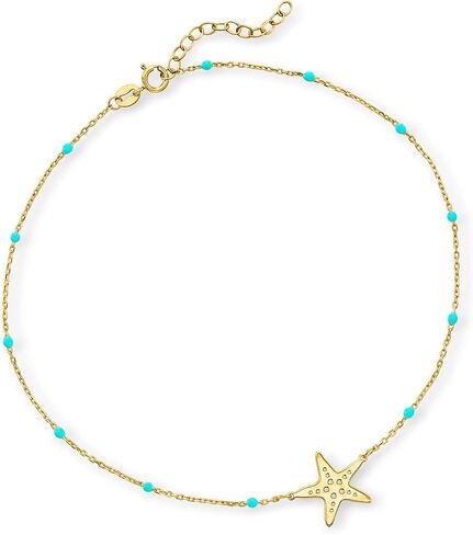 Ross-Simons RS Pure Italian 14kt Yellow Gold Starfish and Blue Enamel Station Anklet. 9 inches in Saudi Arabia