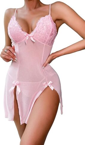GORGLITTER Women's 2 Piece Sexy Lace Sheer Lingerie Nightgown Bow Front Sleep Slip and Thong Set Babydoll Sleepwear in Saudi Arabia