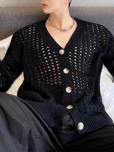 GORGLITTER Men's Hollow Out Long Sleeve Cardigans V Neck Drop Shoulder Button Front Knit Tops in Saudi Arabia