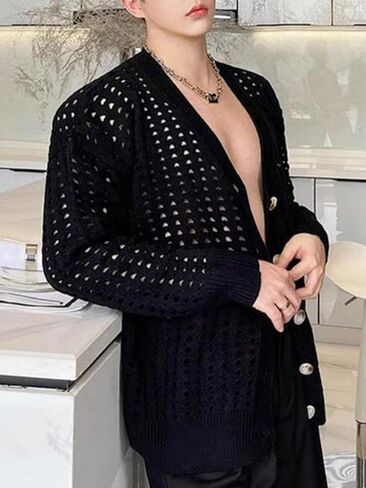 GORGLITTER Men's Hollow Out Long Sleeve Cardigans V Neck Drop Shoulder Button Front Knit Tops in Saudi Arabia