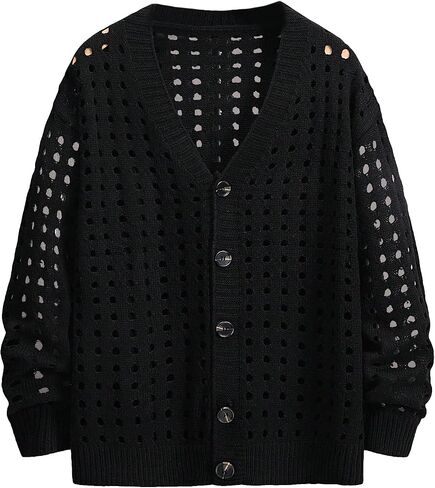 GORGLITTER Men's Hollow Out Long Sleeve Cardigans V Neck Drop Shoulder Button Front Knit Tops in Saudi Arabia