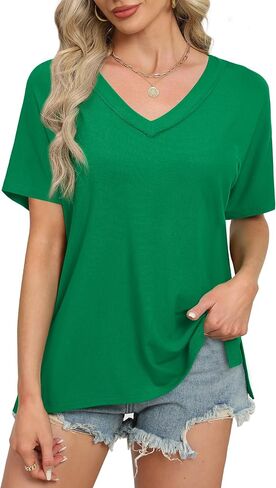 WIHOLL Womens Summer Tops Fashion 2024 V Neck T Shirts Casual Short Sleeve Shirts Loose Fit Tshirts Side Split in Saudi Arabia