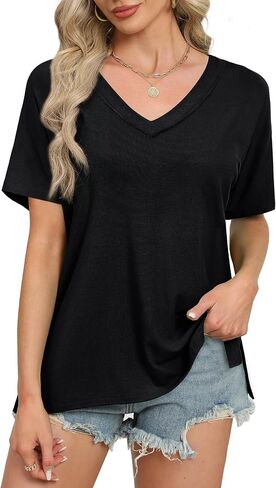WIHOLL Womens Summer Tops Fashion 2024 V Neck T Shirts Casual Short Sleeve Shirts Loose Fit Tshirts Side Split in Saudi Arabia
