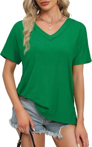 WIHOLL Womens Summer Tops Fashion 2024 V Neck T Shirts Casual Short Sleeve Shirts Loose Fit Tshirts Side Split in Saudi Arabia