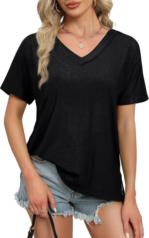 WIHOLL Womens Summer Tops Fashion 2024 V Neck T Shirts Casual Short Sleeve Shirts Loose Fit Tshirts Side Split in Saudi Arabia