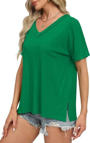 WIHOLL Womens Summer Tops Fashion 2024 V Neck T Shirts Casual Short Sleeve Shirts Loose Fit Tshirts Side Split in Saudi Arabia