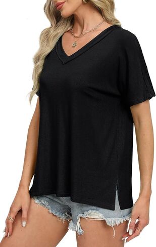 WIHOLL Womens Summer Tops Fashion 2024 V Neck T Shirts Casual Short Sleeve Shirts Loose Fit Tshirts Side Split in Saudi Arabia