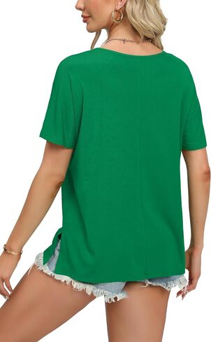 WIHOLL Womens Summer Tops Fashion 2024 V Neck T Shirts Casual Short Sleeve Shirts Loose Fit Tshirts Side Split in Saudi Arabia
