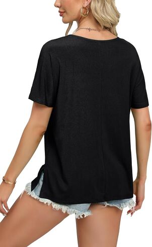 WIHOLL Womens Summer Tops Fashion 2024 V Neck T Shirts Casual Short Sleeve Shirts Loose Fit Tshirts Side Split in Saudi Arabia