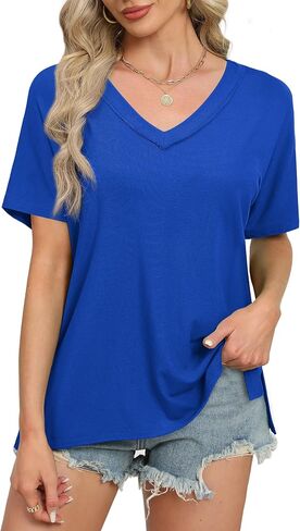 WIHOLL Womens Summer Tops Fashion 2024 V Neck T Shirts Casual Short Sleeve Shirts Loose Fit Tshirts Side Split in Saudi Arabia