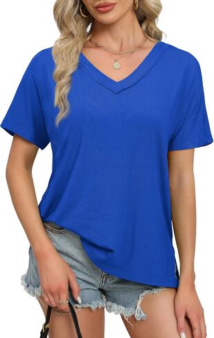 WIHOLL Womens Summer Tops Fashion 2024 V Neck T Shirts Casual Short Sleeve Shirts Loose Fit Tshirts Side Split in Saudi Arabia