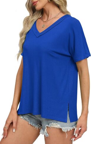 WIHOLL Womens Summer Tops Fashion 2024 V Neck T Shirts Casual Short Sleeve Shirts Loose Fit Tshirts Side Split in Saudi Arabia