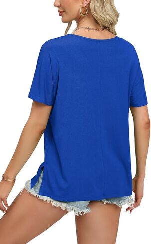 WIHOLL Womens Summer Tops Fashion 2024 V Neck T Shirts Casual Short Sleeve Shirts Loose Fit Tshirts Side Split in Saudi Arabia