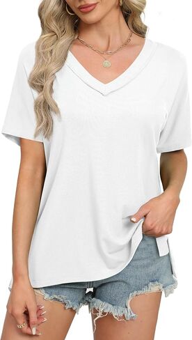 WIHOLL Womens Summer Tops Fashion 2024 V Neck T Shirts Casual Short Sleeve Shirts Loose Fit Tshirts Side Split in Saudi Arabia