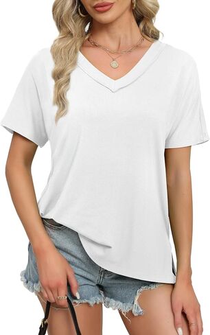 WIHOLL Womens Summer Tops Fashion 2024 V Neck T Shirts Casual Short Sleeve Shirts Loose Fit Tshirts Side Split in Saudi Arabia