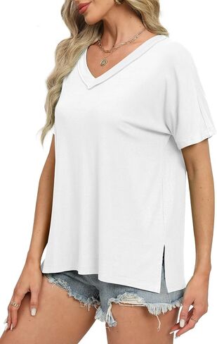WIHOLL Womens Summer Tops Fashion 2024 V Neck T Shirts Casual Short Sleeve Shirts Loose Fit Tshirts Side Split in Saudi Arabia