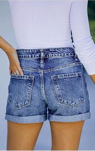 Bichingda Denim Shorts for Women Ripped Mid Rise Stretchy Folded Hem Short Jeans Casual Denim Shorts Hem Hot Short Jeans in Saudi Arabia