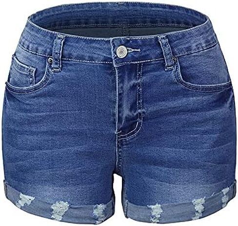 Bichingda Denim Shorts for Women Ripped Mid Rise Stretchy Folded Hem Short Jeans Casual Denim Shorts Hem Hot Short Jeans in Saudi Arabia