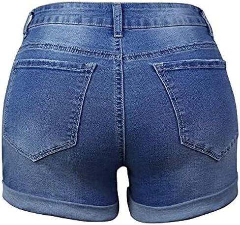Bichingda Denim Shorts for Women Ripped Mid Rise Stretchy Folded Hem Short Jeans Casual Denim Shorts Hem Hot Short Jeans in Saudi Arabia