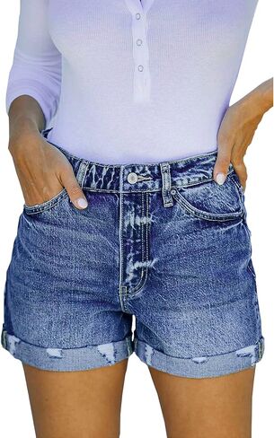 Bichingda Denim Shorts for Women Ripped Mid Rise Stretchy Folded Hem Short Jeans Casual Denim Shorts Hem Hot Short Jeans in Saudi Arabia