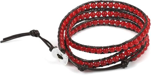 AeraVida Bohemian Multi Layer Red Muse Coral Tribal Beaded Wrap Leather Bracelet | Stylish Handmade Jewelry for Women | Handmade Red Muse Coral Bracelet | Statement Bracelet | Boho Jewelry in Saudi Arabia