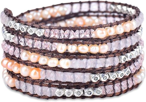 روز اليشم ، الوردي المياه العذبة المستزرعة اللؤلؤ + الفضة الزنك - سبيريت المعصم كاساندرا بوهو التفاف سوار in Kuwait