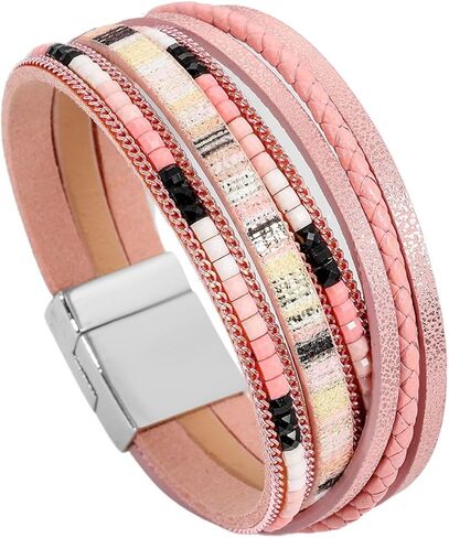 Fuqimanman2020 Boho Leather Wrap Bracelets Layered Bracelets with Magnetic Clasp Bohemian Strackable Bracelets Holiday Birthday Jewelry Gifts for Women in Saudi Arabia