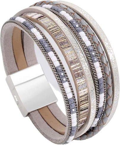 Fuqimanman2020 Boho Leather Wrap Bracelets Layered Bracelets with Magnetic Clasp Bohemian Strackable Bracelets Holiday Birthday Jewelry Gifts for Women in Saudi Arabia