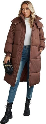 معطف نسائي طويل منتفخ من Riatobe مزود بسحاب وغطاء للرأس ومبطن وسميك للشتاء والثلج مع جيوب in Kuwait