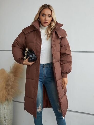 معطف نسائي طويل منتفخ من Riatobe مزود بسحاب وغطاء للرأس ومبطن وسميك للشتاء والثلج مع جيوب in Kuwait