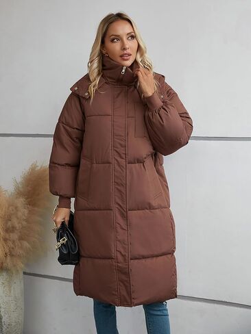 معطف نسائي طويل منتفخ من Riatobe مزود بسحاب وغطاء للرأس ومبطن وسميك للشتاء والثلج مع جيوب in Kuwait