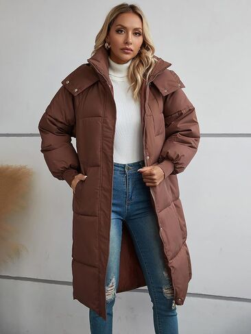 معطف نسائي طويل منتفخ من Riatobe مزود بسحاب وغطاء للرأس ومبطن وسميك للشتاء والثلج مع جيوب in Kuwait