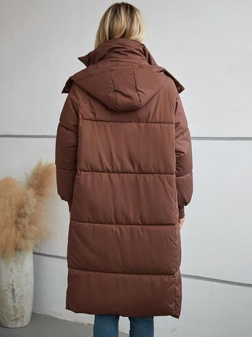 معطف نسائي طويل منتفخ من Riatobe مزود بسحاب وغطاء للرأس ومبطن وسميك للشتاء والثلج مع جيوب in Kuwait