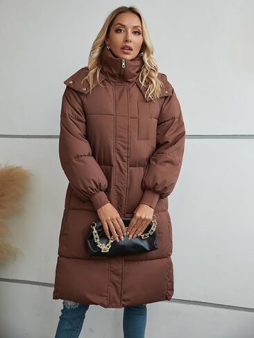 معطف نسائي طويل منتفخ من Riatobe مزود بسحاب وغطاء للرأس ومبطن وسميك للشتاء والثلج مع جيوب in Kuwait