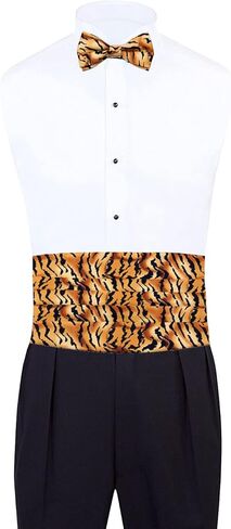 CBUND-ADF-307 - Mens Formal Woven Tiger Print Cummerbund Pre-Tied Bowtie Hanky set, Gold Black, One size in Kuwait