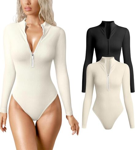 ملابس داخلية نسائية من GTETKDE مكونة من قطعتين مثيرة مضلعة قطعة واحدة بسحاب أمامي وأكمام طويلة وعميقة على شكل حرف V in Kuwait