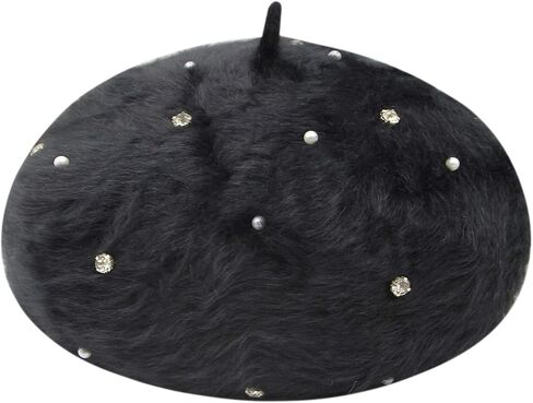ZGMYC Women Girls Warm Rabbit Fur French Style Beret Shiny Rhinestones Pearl Winter Beanie Hat in Saudi Arabia
