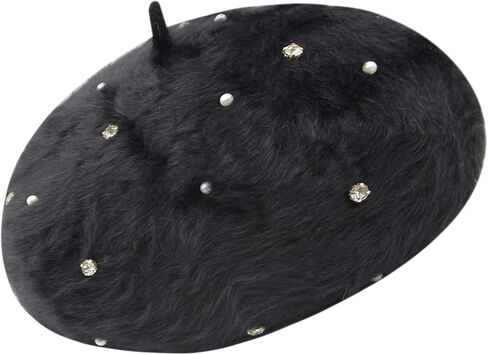 ZGMYC Women Girls Warm Rabbit Fur French Style Beret Shiny Rhinestones Pearl Winter Beanie Hat in Saudi Arabia