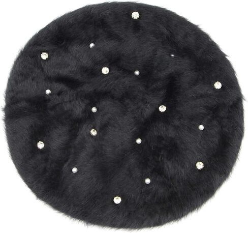 ZGMYC Women Girls Warm Rabbit Fur French Style Beret Shiny Rhinestones Pearl Winter Beanie Hat in Saudi Arabia