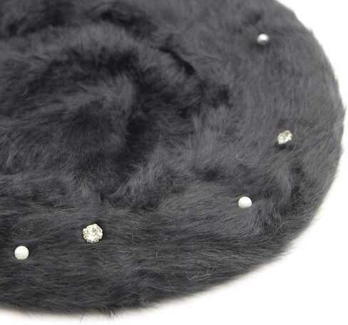 ZGMYC Women Girls Warm Rabbit Fur French Style Beret Shiny Rhinestones Pearl Winter Beanie Hat in Saudi Arabia